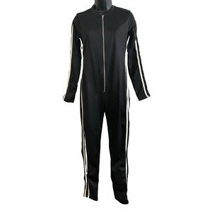 Womens Racer Jumpsuit Small Front Zipper Black Stretch White Side Stripes Jumper